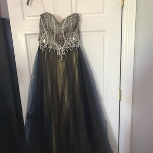 Navy Blue and Gold Strapless Tulle Prom Dress